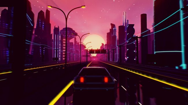 Retro-futuristic,80s,Style,Drive,In,Neon,City.,Cyberpunk,Sunset,Landscape
